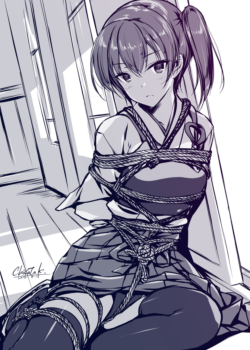 1girl armor bdsm black_legwear blush bondage bound closed_mouth eyebrows_visible_through_hair hair_between_eyes highres kaga_(kantai_collection) kantai_collection kobayashi_chisato long_hair long_sleeves looking_at_viewer monochrome side_ponytail sitting solo thigh-highs thighs tied_up window