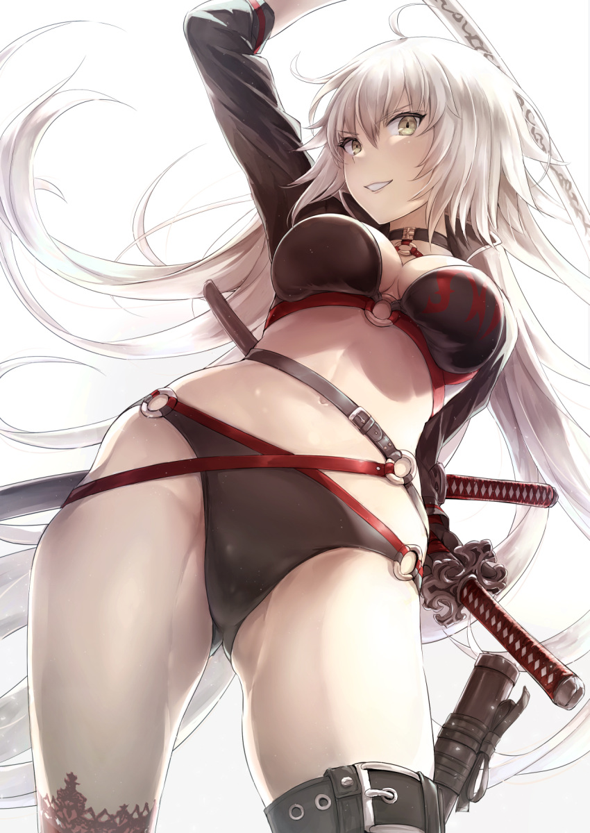 1girl ahoge akita_hika bangs bikini black_bikini blonde_hair breasts buckle choker cleavage collarbone commentary_request cowboy_shot cropped_jacket eyebrows_visible_through_hair fate/grand_order fate_(series) hair_between_eyes highres holding holding_sword holding_weapon jacket jeanne_d'arc_(alter)_(fate) jeanne_d'arc_(alter_swimsuit_berserker) jeanne_d'arc_(fate)_(all) katana large_breasts long_hair o-ring o-ring_bikini red_legwear single_thighhigh skindentation smile solo standing swimsuit sword thigh-highs thigh_strap very_long_hair weapon