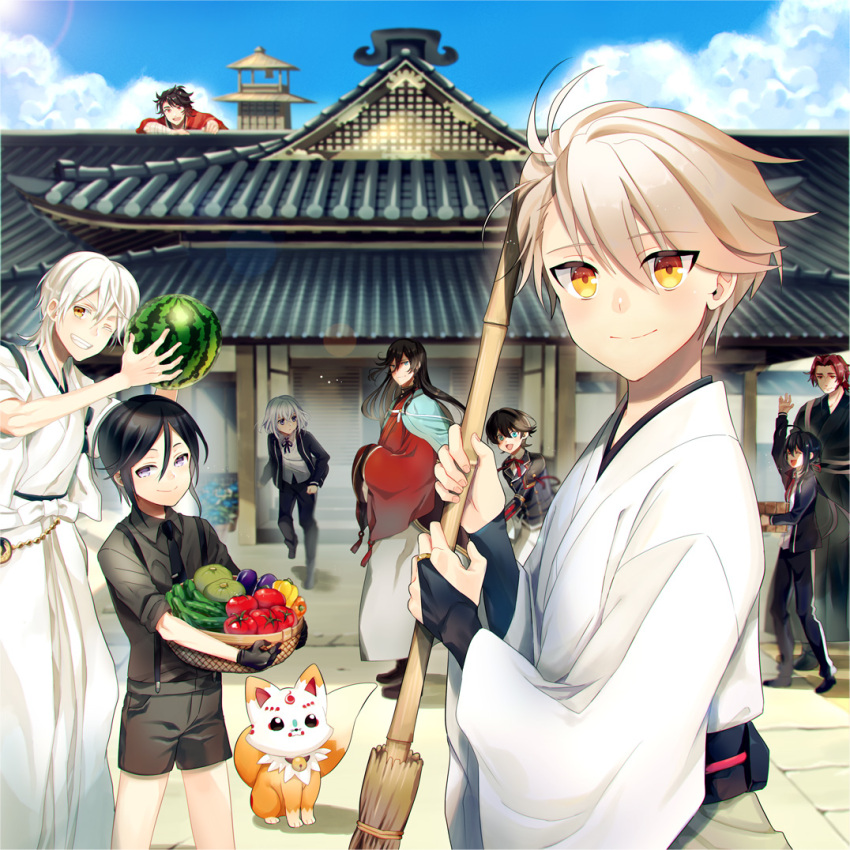 1other 6+boys ^_^ ahoge architecture basket bell bell_collar bell_pepper black_gloves black_hair blue_eyes blue_sky broom brown_hair closed_eyes closed_eyes collar cucumber east_asian_architecture food fox fruit gloves grin hakama honebami_toushirou horikawa_kunihiro houhou_(black_lack) izumi-no-kami_kanesada japanese_clothes katsugeki/touken_ranbu konnosuke multiple_boys mutsu-no-kami_yoshiyuki namazuo_toushirou necktie one_eye_closed open_mouth pepper ponytail redhead saniwa_(katsugeki/touken_ranbu) shorts sky smile suspenders tomato tonbokiri_(touken_ranbu) touken_ranbu tsurumaru_kuninaga violet_eyes watermelon waving white_hair yagen_toushirou yellow_eyes