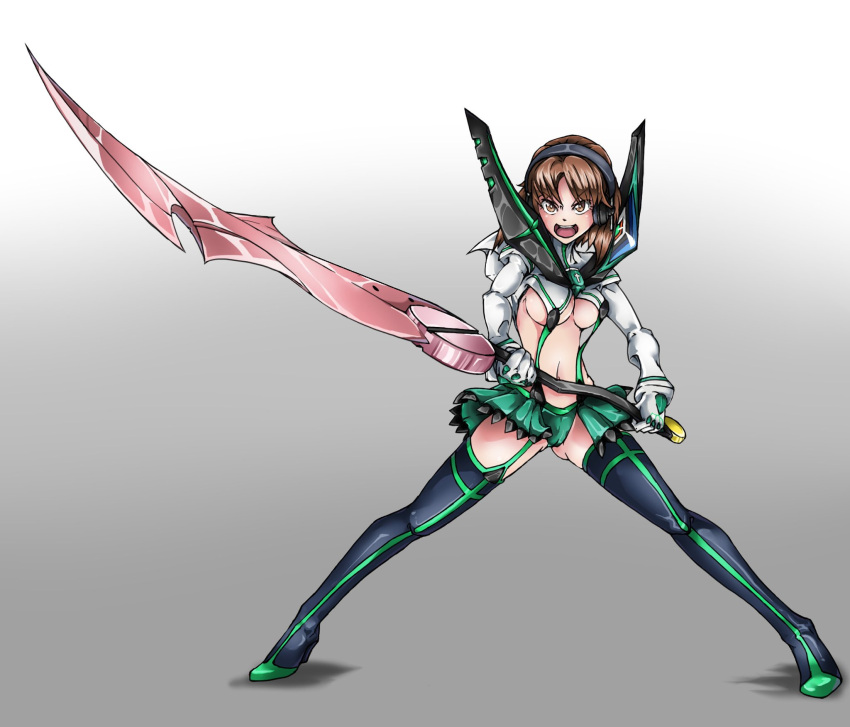 1girl adapted_costume anglerfish bangs black_footwear boots breasts commentary_request cosplay frown full_body garter_straps girls_und_panzer gloves gradient gradient_background green_panties green_skirt grey_background headgear headphones high_heel_boots high_heels highres holding holding_sword holding_weapon kill_la_kill looking_at_viewer medium_breasts midriff navel nishizumi_miho ooarai_school_uniform open_mouth panties parody pauldrons school_uniform senketsu senketsu_(cosplay) serafuku shadow short_hair shrug_(clothing) skirt solo spread_legs standing style_parody suspenders sword thigh-highs thigh_boots two-handed under_boob underwear v-shaped_eyebrows wani02 weapon white_gloves