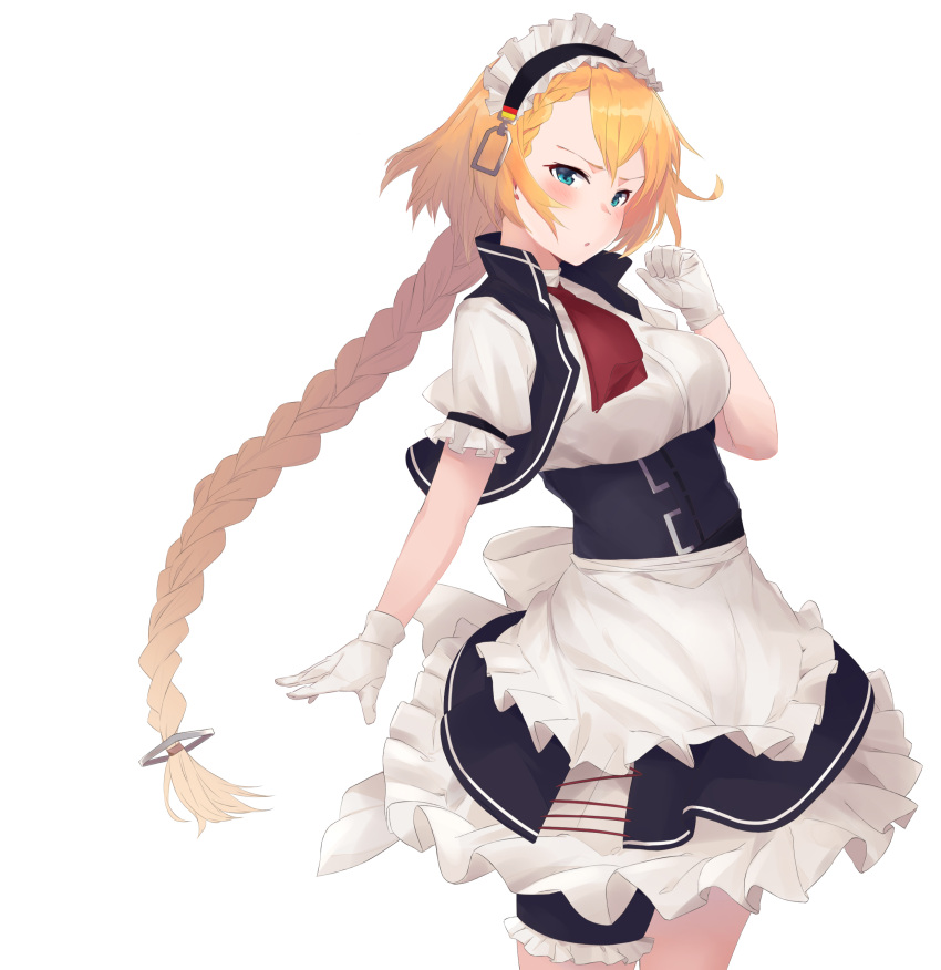 1girl :o absurdres apron black_skirt black_vest blue_eyes blush braid breasts commentary_request corset cowboy_shot cravat flag_print french_braid frilled_apron frilled_skirt frills g36_(girls_frontline) german_flag girls_frontline gloves hand_up highres leg_garter long_hair looking_at_viewer maid_apron maid_headdress medium_breasts open_clothes open_vest orange_hair parted_lips puffy_short_sleeves puffy_sleeves red_neckwear shiny shiny_hair shirt short_sleeves simple_background single_braid skirt u-st_(uweiter) underbust v-shaped_eyebrows very_long_hair vest waist_apron white_apron white_background white_gloves white_shirt