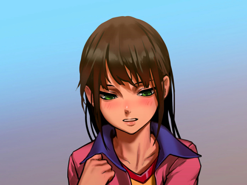 1girl as109 brown_hair collarbone gradient gradient_background green_eyes lips looking_down shoujo_to_ura_roji solo