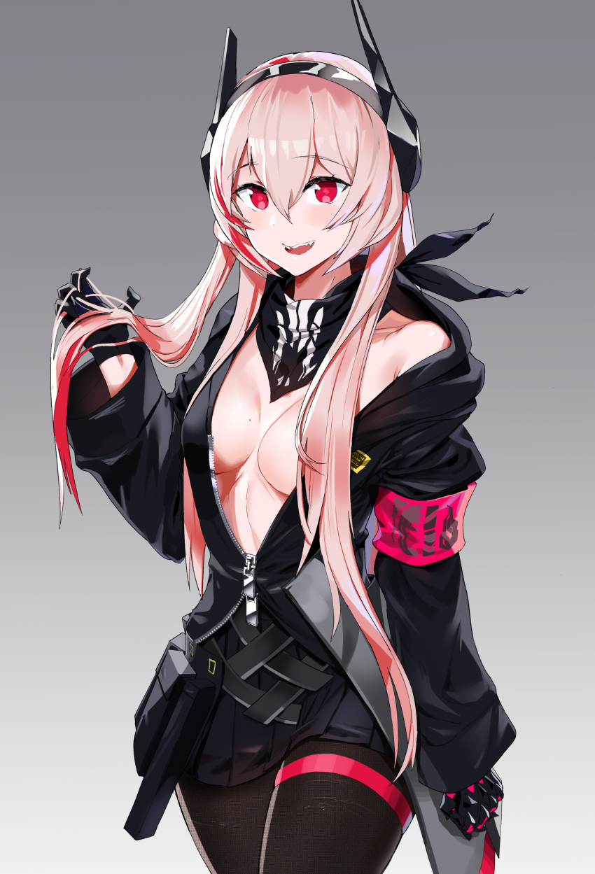 1girl :d absurdres armband bandanna bangs black_skirt blush breasts commentary cowboy_shot eyebrows_visible_through_hair girls_frontline gradient gradient_background grey_background hair_between_eyes hair_over_breasts hairband hand_up headgear highres jacket long_hair looking_at_viewer m4_sopmod_ii_(girls_frontline) mechanical_arm miniskirt mole mole_on_breast multicolored_hair open_mouth pantyhose pink_hair pleated_skirt redhead skirt small_breasts smile solo ssamjang_(misosan) streaked_hair teeth thigh_strap thighs unzipped