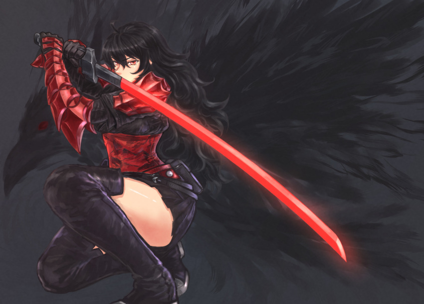 1girl armor black_hair boots commentary_request drill_(emilio) fighting_stance gauntlets katana long_hair mature miniskirt negative_space ootachi raven_branwen red_eyes rwby skirt sword thigh-highs thigh_boots weapon