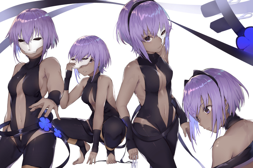 1girl absurdres bangs bare_shoulders between_fingers black_cola black_legwear black_leotard blush breasts closed_mouth commentary_request eyebrows_visible_through_hair fate/prototype fate/prototype:_fragments_of_blue_and_silver fate_(series) fingernails hair_between_eyes hassan_of_serenity_(fate) highres holding kunai leotard looking_at_viewer multiple_views purple_hair simple_background skull_mask small_breasts squatting stirrup_legwear toeless_legwear violet_eyes weapon white_background