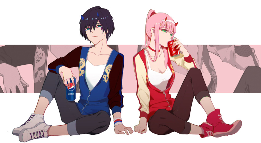 1boy 1girl aqua_eyes bangs black_hair blue_eyes blue_horns breasts can chenaze57 chinese_commentary cleavage coca-cola collarbone commentary commentary_request cosplay couple darling_in_the_franxx drinking english_commentary eyebrows_visible_through_hair fa_mulan_(disney) fa_mulan_(disney)_(cosplay) green_eyes hair_ornament hairband hetero highres hiro_(darling_in_the_franxx) holding holding_can horns jacket long_hair medium_breasts oni_horns open_clothes open_jacket pants pants_rolled_up pepsi pink_hair ponytail red_horns shirt shoes short_hair sitting sneakers white_hairband white_shirt wreck-it_ralph zero_two_(darling_in_the_franxx)