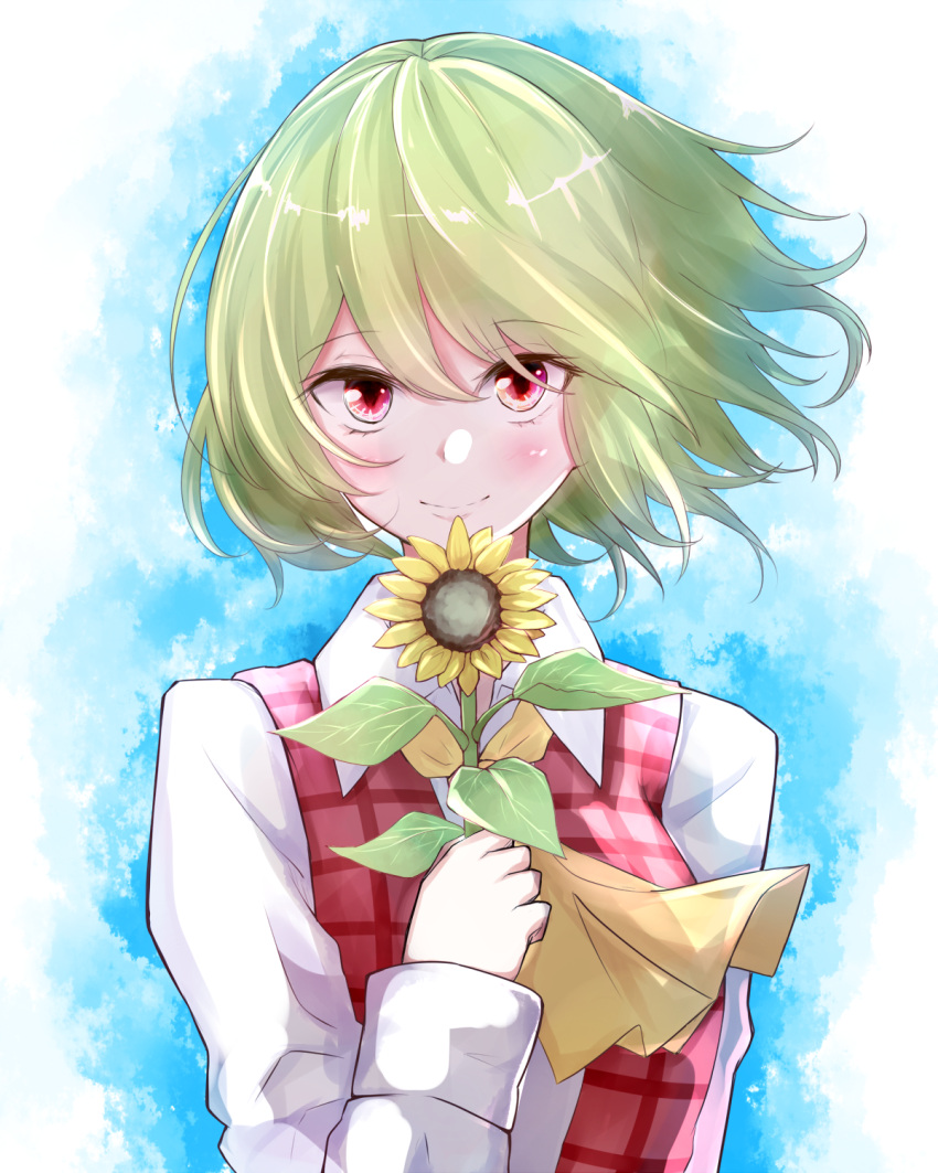 1girl ascot flower green_hair highres holding holding_flower kazami_yuuka long_sleeves looking_at_viewer plaid plaid_vest red_eyes short_hair smile solo sunflower touhou upper_body vest yellow_neckwear yosshii_(ne_ko_matter)