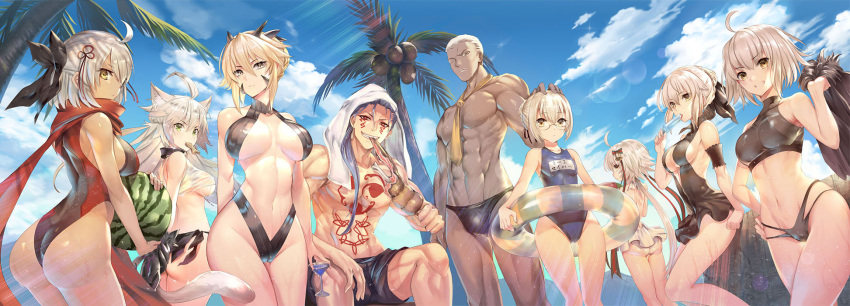 2boys 6+girls abs ahoge animal_ears artoria_pendragon_(all) artoria_pendragon_(lancer_alter) artoria_pendragon_(swimsuit_rider_alter) ass atalanta_(alter)_(fate) atalanta_(fate) bangs bare_chest bikini black_bikini black_ribbon black_swimsuit blonde_hair blue_hair blue_sky blue_swimsuit breasts cleavage clouds cu_chulainn_alter_(fate/grand_order) dark_skin day emiya_alter facial_mark fate/grand_order fate_(series) glasses hair_bun hair_ornament hair_ribbon hand_on_hip highres jeanne_d'arc_(alter)_(fate) jeanne_d'arc_(fate)_(all) jeanne_d'arc_alter_santa_lily lancer large_breasts long_hair looking_at_viewer medium_breasts multiple_boys multiple_girls muscle mysterious_heroine_x_(alter) navel ocean okita_souji_(alter)_(fate) okita_souji_(fate)_(all) one-piece_swimsuit palm_tree red_eyes red_scarf ribbon scarf school_swimsuit shiny shiny_skin short_hair sideboob silver_hair sitting sky small_breasts standing summer swimsuit tail teddy_(khanshin) thong tied_hair tree white_swimsuit