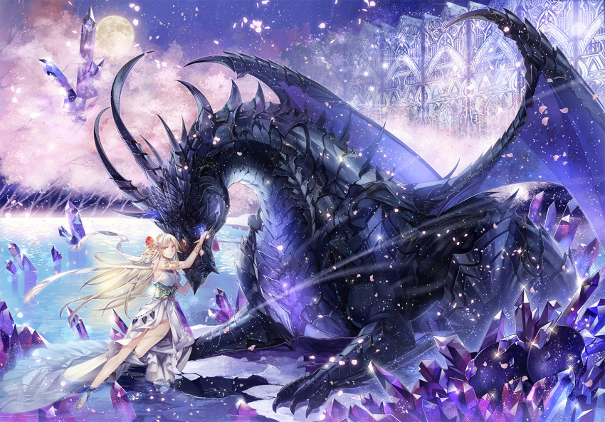 1girl blonde_hair bracelet building crystal dragon dress elf fantasy flower forest hair_flower hair_ornament jewelry kyouka_hatori lake long_hair looking_at_viewer moon nature original partially_submerged pointy_ears scales spines violet_eyes