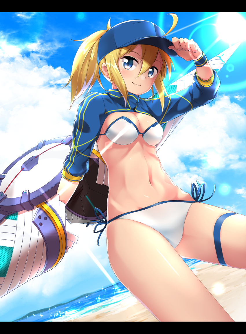 1girl absurdres ahoge arm_up artoria_pendragon_(all) bangs beach bikini blonde_hair blue_hat blue_sky breasts cleavage closed_mouth clouds cloudy_sky commentary_request day dutch_angle eyebrows_visible_through_hair fate/extella fate/extra fate/grand_order fate_(series) flat_cap hair_between_eyes hair_through_headwear hand_on_headwear hat highres horizon long_hair long_sleeves medium_breasts minowa_sukyaru mysterious_heroine_x navel ocean outdoors ponytail sand shrug_(clothing) side-tie_bikini sidelocks sky smug solo swimsuit thigh_strap water white_bikini