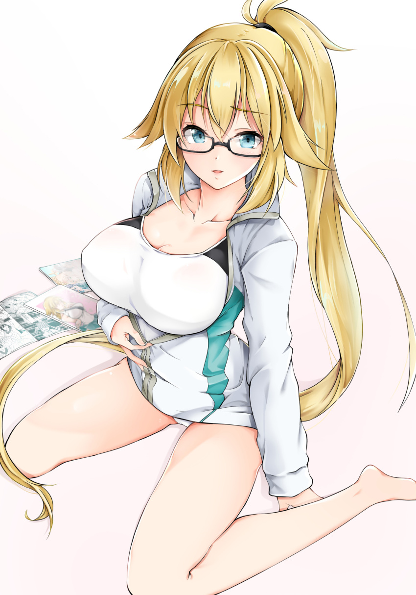 1girl bare_legs blonde_hair blue_eyes breasts cleavage collarbone commentary_request competition_swimsuit fate/grand_order fate_(series) glasses gradient gradient_background highres impossible_clothes impossible_swimsuit jacket jeanne_d'arc_(fate) jeanne_d'arc_(fate)_(all) jeanne_d'arc_(swimsuit_archer) large_breasts long_hair looking_at_viewer manga_(object) one-piece_swimsuit parted_lips ponytail semi-rimless_eyewear sezoku simple_background sitting solo spread_legs swimsuit unzipped unzipping very_long_hair wariza