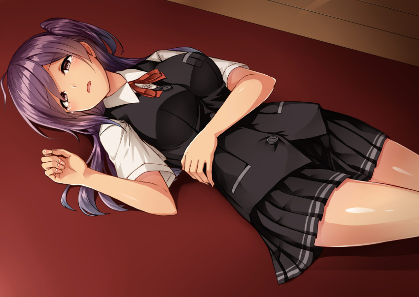 1girl black_skirt black_vest blush breasts carpet eyebrows_visible_through_hair hagikaze_(kantai_collection) kamelie kantai_collection large_breasts long_hair looking_at_viewer lying miniskirt open_mouth purple_hair school_uniform shirt short_sleeves side_ponytail skirt solo tan tearing_up vest violet_eyes white_shirt