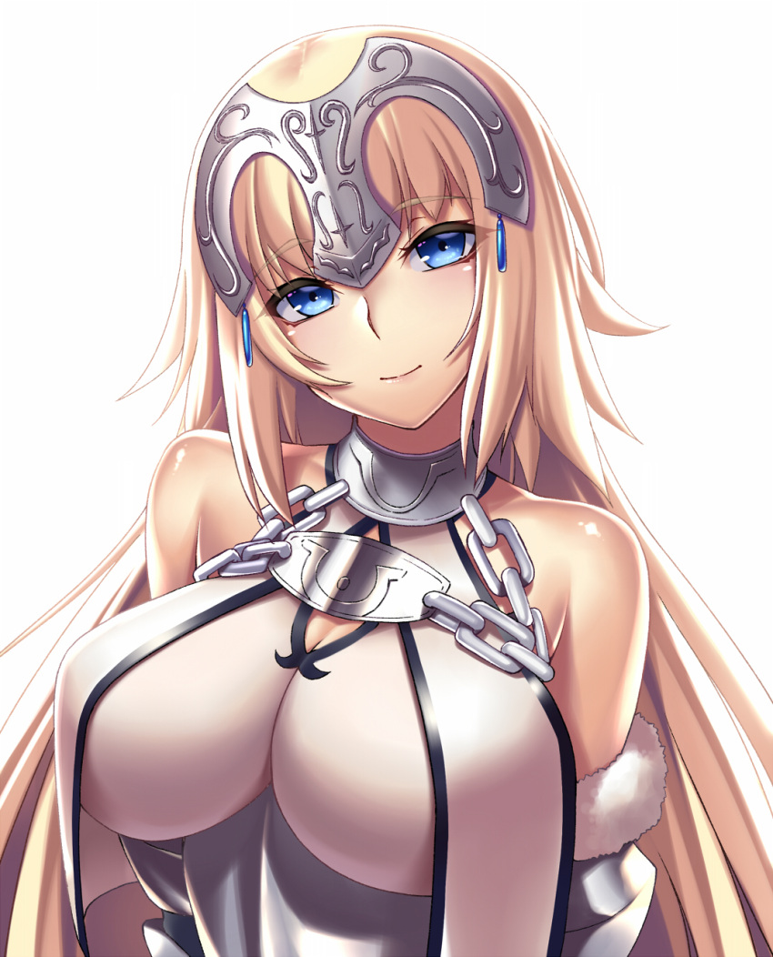 1girl bangs bare_shoulders blonde_hair blue_eyes breasts chains cleavage closed_mouth eyebrows_visible_through_hair eyes_visible_through_hair fate/grand_order fate_(series) head_tilt headpiece highres jeanne_d'arc_(fate) jeanne_d'arc_(fate)_(all) large_breasts long_hair looking_at_viewer simple_background smile solo straight_hair takanashi-a very_long_hair white_background