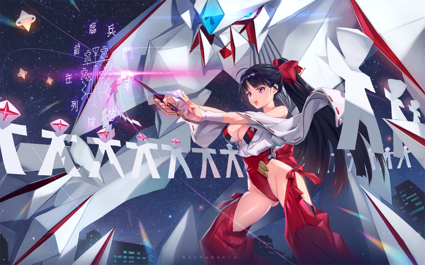 1girl bare_shoulders black_hair breasts building cleavage commentary_request detached_sleeves gluteal_fold gohei groin hair_ornament high_ponytail highleg highleg_leotard highres japanese_clothes leotard long_hair looking_away mecha mhk_(mechamania) miko open_mouth original ponytail red_leotard red_ribbon ribbon robot shikigami shiny shiny_hair shiny_skin skin_tight sky standing star_(sky) starry_sky thigh-highs v-shaped_eyebrows very_long_hair violet_eyes wide_sleeves