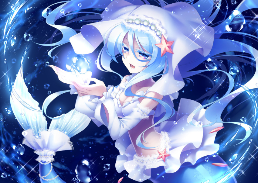 1girl blue_background breasts cleavage creatures_(company) detached_sleeves game_freak gen_7_pokemon hairband hands_up light_blue_hair long_hair medium_breasts mermaid midriff monster_girl music nintendo personification pokemon primarina singing starfish_hair_ornament thistle_lapis water_drop