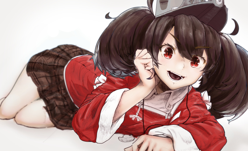 1girl absurdres bare_legs brown_hair brown_skirt commentary_request eyebrows_visible_through_hair fangs hand_on_head headgear highres huge_filesize japanese_clothes kantai_collection kariginu leaning legs long_hair looking_at_viewer lying on_side open_mouth red_eyes red_shirt ryuujou_(kantai_collection) shirt skirt smile teeth tongue twintails uzi_346 visor_cap