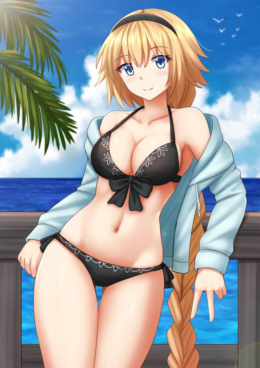 1girl bangs bare_shoulders bikini bird black_bikini black_hairband blonde_hair blue_eyes blue_jacket blue_sky blurry blurry_background blush braid breasts cleavage closed_mouth clouds cloudy_sky commentary day depth_of_field drawstring eyebrows_visible_through_hair fate/grand_order fate_(series) fence fingernails front-tie_bikini front-tie_top gluteal_fold hair_between_eyes hairband head_tilt highres hood hood_down hooded_jacket horizon jacket jeanne_d'arc_(fate)_(all) jeanne_d'arc_(swimsuit_archer) kazenokaze leaning_to_the_side long_hair long_sleeves looking_at_viewer medium_breasts navel ocean off_shoulder open_clothes open_jacket outdoors palm_tree sky smile solo swimsuit tree v very_long_hair water