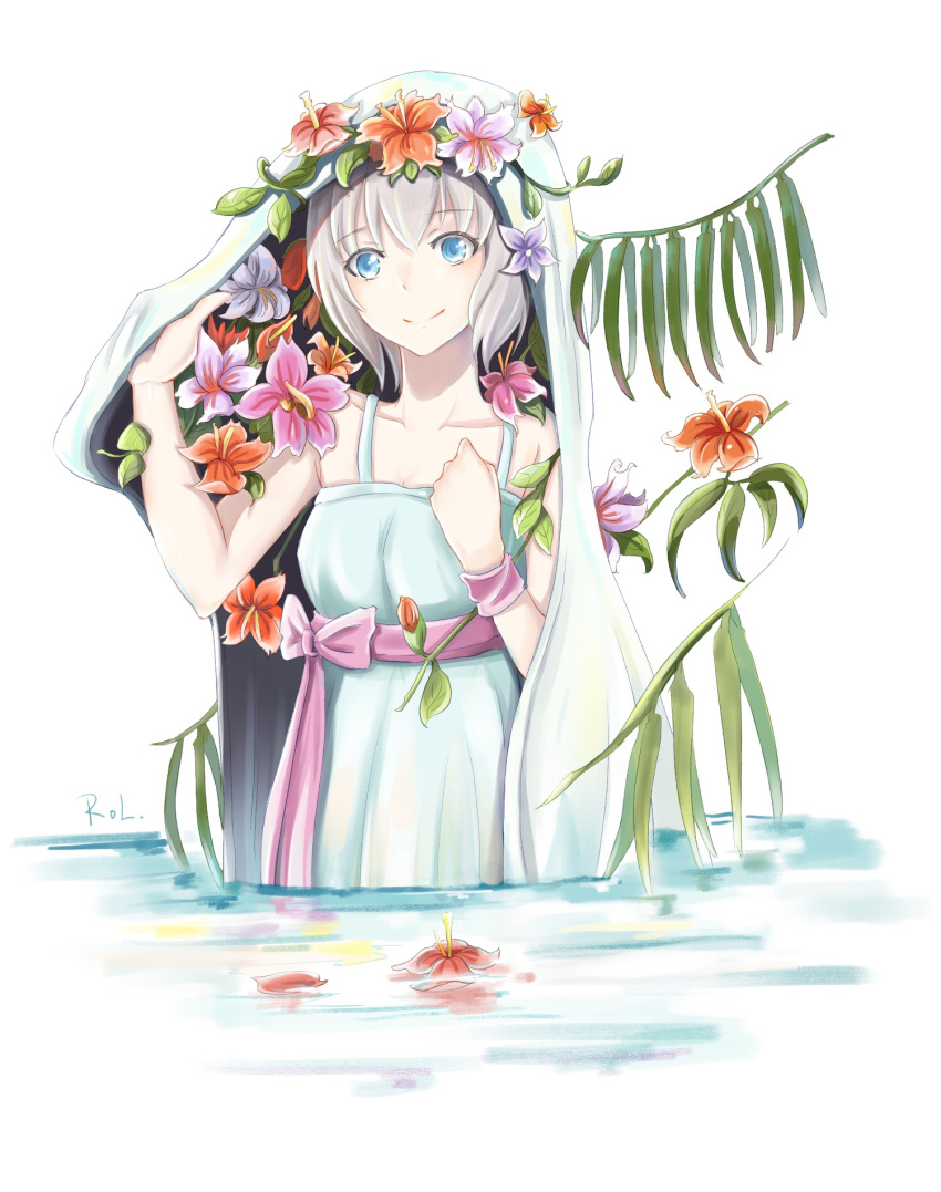 1girl aoba_moka artist_request bang_dream! blue_eyes cape cape_lift dress flower flower_on_head flower_on_water head_wreath highres light_blue_dress petals petals_on_liquid plant purple_ribbon purple_wristband ribbon short_hair silver_hair smile sundress upper_body wading white_cape wristband