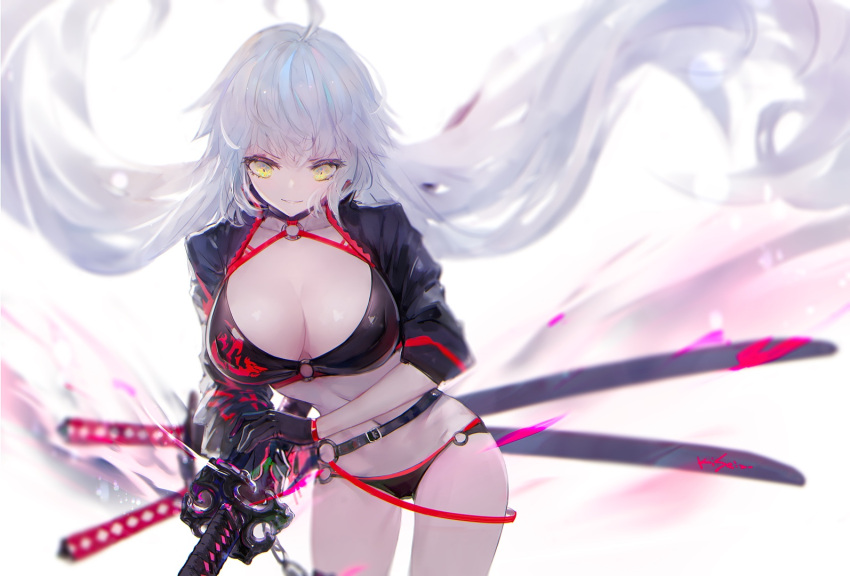 1girl ahoge bikini black_bikini black_choker black_gloves black_jacket blurry blurry_background breasts choker cleavage collarbone commentary_request depth_of_field fate/grand_order fate_(series) floating_hair gloves holding holding_sheath jacket jeanne_d'arc_(alter_swimsuit_berserker) katana kisei2 large_breasts leaning_to_the_side long_hair long_sleeves looking_at_viewer navel o-ring o-ring_bikini o-ring_bottom o-ring_top parted_lips sheath sheathed silver_hair smile solo standing swimsuit sword very_long_hair weapon white_background yellow_eyes