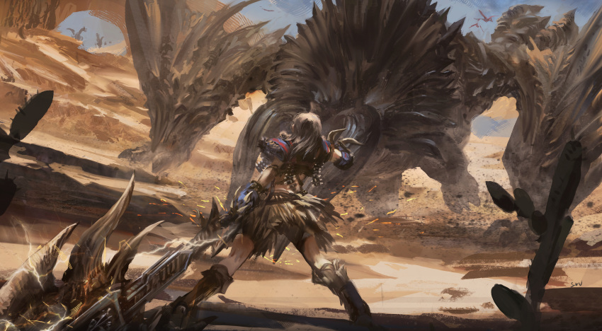 1girl armor armored_boots attack axe black_diablos boots cactus charge_blade charging claws day debris desert diablos dust energy flying fur_trim gauntlets highres holding holding_axe holding_weapon horns long_hair looking_at_another monster_hunter outdoors running shorts shoulder_armor sparks spaulders standing stu_dts weapon