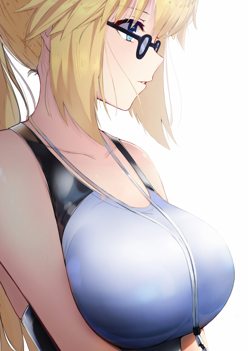 1girl absurdres alternate_hairstyle bangs bare_shoulders bespectacled black-framed_eyewear blonde_hair blue_eyes blush breasts collarbone competition_swimsuit eyebrows_visible_through_hair eyelashes fate/grand_order fate_(series) glasses highres jeanne_d'arc_(fate)_(all) jeanne_d'arc_(swimsuit_archer) large_breasts light_smile long_hair looking_away mari_(doraerin0) multicolored multicolored_clothes multicolored_swimsuit nose one-piece_swimsuit parted_lips ponytail profile sidelocks simple_background solo swimsuit teeth two-tone_swimsuit whistle whistle_around_neck white_background white_swimsuit