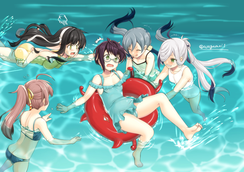 5girls ahoge anger_vein asaga_aoi asashimo_(kantai_collection) ass bikini black_hair blue-framed_eyewear brown_hair casual_one-piece_swimsuit closed_eyes enemy_lifebuoy_(kantai_collection) fang green_eyes green_swimsuit grin hair_between_eyes hair_over_one_eye hair_ribbon innertube kantai_collection kazagumo_(kantai_collection) kiyoshimo_(kantai_collection) long_hair low_twintails multicolored_hair multiple_girls naganami_(kantai_collection) okinami_(kantai_collection) one-piece_swimsuit pink_hair ponytail remodel_(kantai_collection) ribbon short_hair silver_hair smile swimming swimsuit twintails twitter_username two-tone_hair water wavy_hair white_swimsuit yellow_eyes yellow_swimsuit