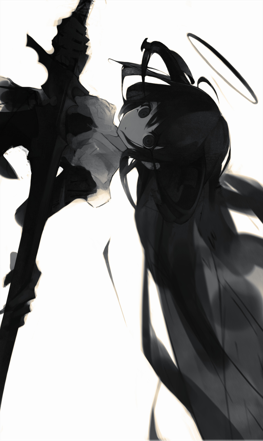 1girl black_hair blouse collared_blouse cropped_torso gyup hair_between_eyes halo highres holding holding_sword holding_weapon horns long_hair looking_at_viewer original ringed_eyes sideways simple_background solo sword very_long_hair weapon white_background white_blouse
