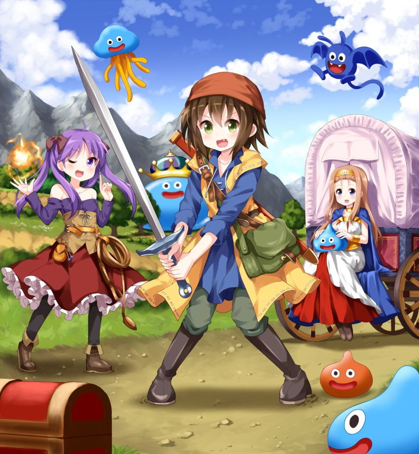 3girls :d ;d bag bandanna bare_shoulders bat belt blue_sky boots breasts brown_hair chest clouds commentary_request cosplay crown day dragon_quest dragon_quest_viii drakee fang fireball green_eyes hero_(dq8) hero_(dq8)_(cosplay) highres hiiragi_kagami jessica_albert jessica_albert_(cosplay) king_slime knee_boots knees_together_feet_apart kusakabe_misao light_brown_hair long_hair lucky_star medea medea_(cosplay) minegishi_ayano mountain multiple_girls off-shoulder_shirt off_shoulder one_eye_closed open_mouth pouch purple_hair ruu_(tksymkw) shirt short_hair sky slime_(dragon_quest) smile sword violet_eyes wagon weapon whip
