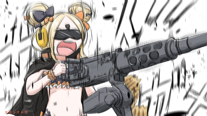 1girl :d abigail_williams_(fate/grand_order) ass bangs bikini black_bikini black_bow black_jacket blonde_hair bow browning_m2 commentary_request double_bun ear_protection emerald_float fate/grand_order fate_(series) firing goggles gun hair_bow highres holding holding_gun holding_weapon jacket jacket_on_shoulders keyhole long_hair machine_gun motion_blur navel neon-tetora open_mouth orange_bow parted_bangs round_teeth side_bun simple_background smile solo swimsuit teeth translated upper_teeth v-shaped_eyebrows weapon white_background