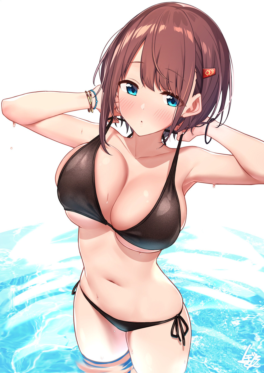 1girl absurdres baffu bangle bikini bikini_lift black_bikini blue_eyes blush bracelet breasts brown_hair character_request collarbone hair_ornament hairclip hands_up highres jewelry large_breasts navel short_hair side-tie_bikini solo swimsuit wading