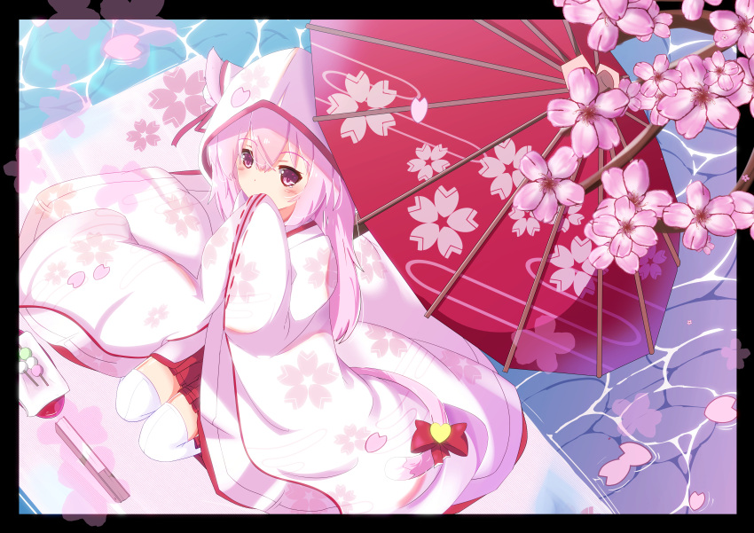 absurdres animal_ears azur_lane cat_ears cherry_blossoms commentary_request covering_mouth flower hand_to_own_mouth highres hood huge_filesize japanese_clothes kimono kisaragi_(azur_lane) long_hair nekoyanagi_(azelsynn) outdoors petals pink_eyes pink_hair red_skirt ribbon sitting skirt sleeves_past_wrists thigh-highs uchikake umbrella water white_legwear