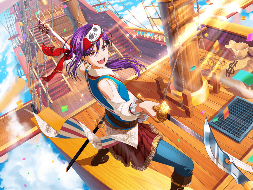 bang_dream! blush dress kaoru_seta long_hair pirate ponutail purple_hair red_eyes smile sword