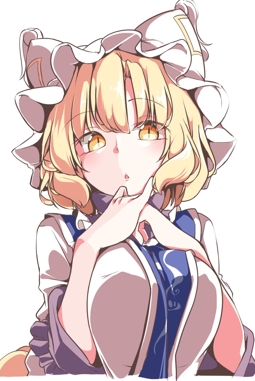 1girl :o animal_ears bangs blonde_hair blush breast_squeeze breasts eyebrows_visible_through_hair fox_ears frilled_sleeves frills gokuu_(acoloredpencil) hands_on_own_chest hands_up hat head_tilt highres large_breasts looking_at_viewer open_mouth pillow_hat shiny shiny_hair short_hair simple_background sleeves_past_elbows slit_pupils solo tabard touhou upper_body white_background white_hat yakumo_ran yellow_eyes