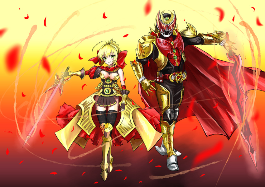 1boy 1girl aestus_estus ahoge arm_guards armor armored_boots armored_dress belt blonde_hair boots braid breastplate breasts cape commentary crossover dress epaulettes fate/extra fate_(series) french_braid full_body gold_armor green_eyes hair_intakes halterneck holding holding_sword holding_weapon kamen_rider kamen_rider_kiva kamen_rider_kiva_(series) large_breasts lock nanbaba nero_claudius_(fate) nero_claudius_(fate)_(all) padlock red_cape red_dress sword tagme veil weapon zipper