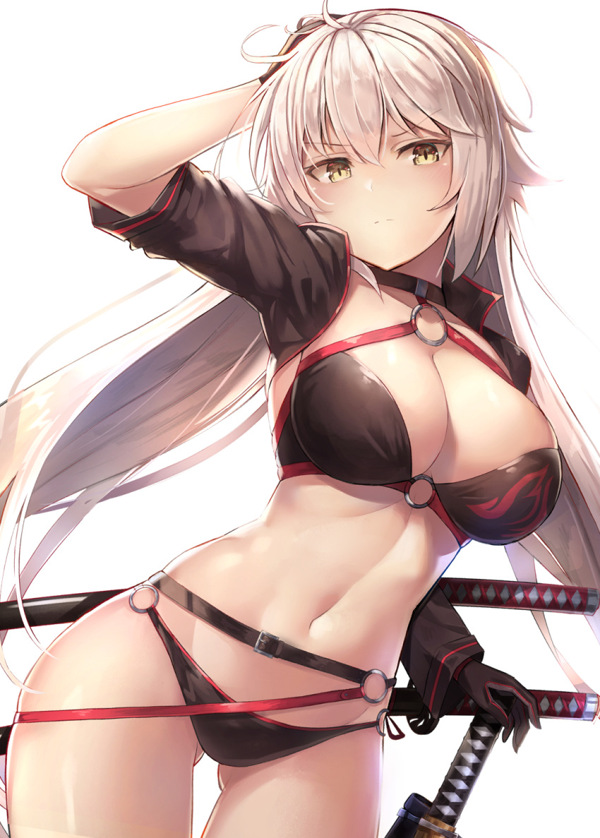 1girl ahoge ass_visible_through_thighs bangs bikini black_bikini black_jacket blush breasts choker cleavage closed_mouth collarbone commentary cowboy_shot cropped_jacket eyebrows_visible_through_hair fate/grand_order fate_(series) gloves groin hair_between_eyes hand_on_own_head highres hips holding holding_weapon jacket jeanne_d'arc_(alter)_(fate) jeanne_d'arc_(alter_swimsuit_berserker) jeanne_d'arc_(fate)_(all) katana large_breasts long_hair looking_at_viewer motokonut multiple_swords navel o-ring o-ring_bikini sidelocks simple_background skindentation solo stomach swimsuit sword thighs very_long_hair weapon white_background yellow_eyes