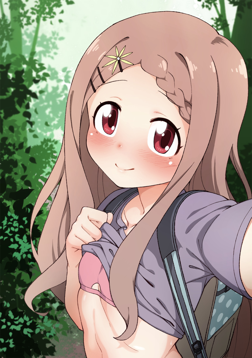 1girl aoba_kokona backpack bag blush bra brown_hair closed_mouth commentary_request forest hair_ornament hairclip hayashi_keita highres lifted_by_self long_hair looking_at_viewer nature outdoors pink_bra self_shot smile solo underwear upper_body yama_no_susume