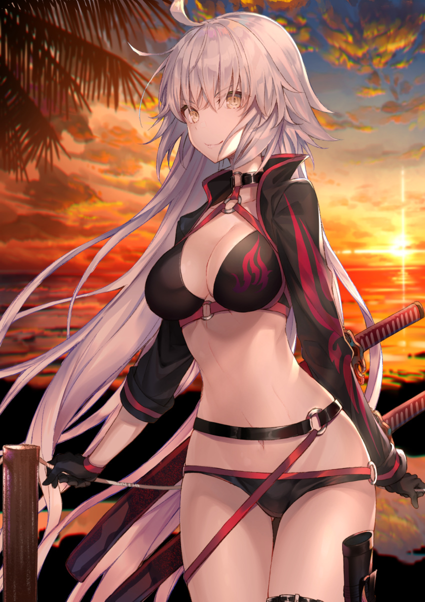 1girl ahoge bikini black_bikini black_jacket blush breasts choker cleavage commentary_request cowboy_shot cropped_jacket eyebrows_visible_through_hair fate/grand_order fate_(series) hair_between_eyes hakuishi_aoi highres jacket jeanne_d'arc_(alter_swimsuit_berserker) katana large_breasts long_hair looking_at_viewer midriff navel o-ring outdoors sheath smile standing sunset swimsuit sword thighs unsheathed weapon yellow_eyes