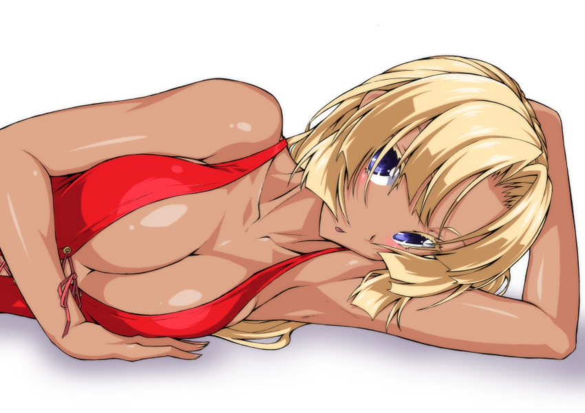 1girl :o angela_carat arm_behind_head arm_support bangs blonde_hair blue_eyes breasts cleavage dark_skin dress eyelashes highres large_breasts long_hair looking_at_viewer lying no_bra on_side open_mouth ozaneko red_dress shadow simple_background sleeveless sleeveless_dress tag_force upper_body white_background yu-gi-oh! yuu-gi-ou_tag_force