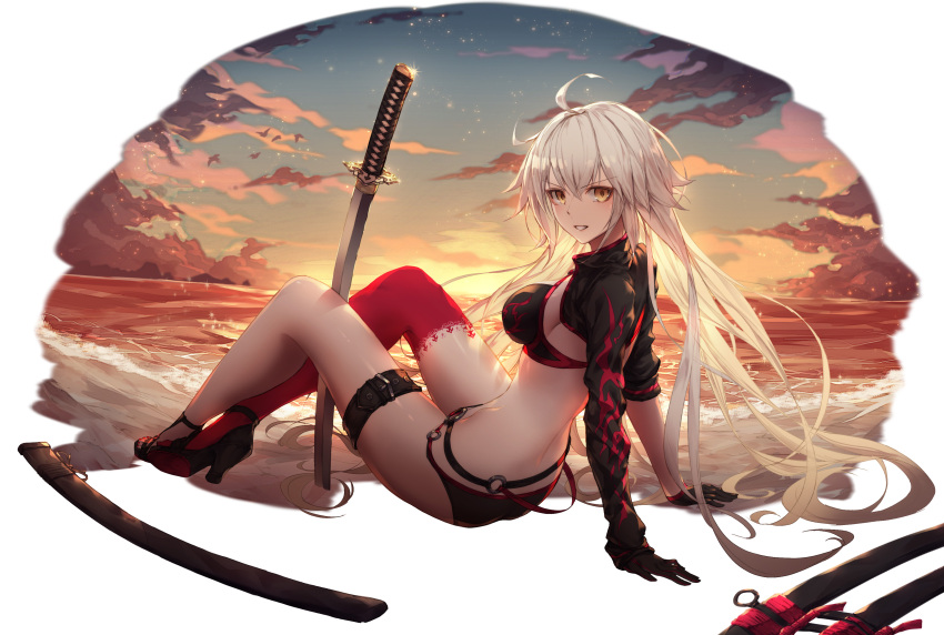 1girl :d absurdres ahoge arm_support arms_behind_back asymmetrical_legwear bangs beach bikini black_bikini black_jacket blush breasts brown_eyes buckle clouds cloudy_sky commentary_request cropped_jacket crossed_ankles dusk eyebrows_visible_through_hair fate/grand_order fate_(series) full_body gloves godoju hair_between_eyes high_collar high_heels highres horizon jacket jeanne_d'arc_(alter_swimsuit_berserker) jeanne_d'arc_(fate)_(all) katana large_breasts leaning_back long_hair looking_at_viewer looking_to_the_side o-ring o-ring_bikini o-ring_bottom ocean open_mouth planted_sword planted_weapon reclining red_legwear sand sheath silver_hair single_thighhigh sitting sky smile solo sunset swimsuit sword thigh-highs thigh_strap unsheathed v-shaped_eyebrows very_long_hair water weapon white_background yellow_eyes