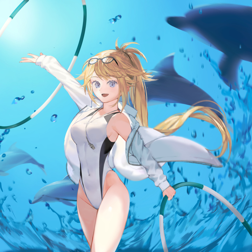 1girl arm_up blonde_hair blue_eyes competition_swimsuit covered_navel cowboy_shot dolphin eyewear_on_head fate/grand_order fate_(series) highleg highleg_swimsuit highres hoop jacket jeanne_d'arc_(fate)_(all) jeanne_d'arc_(swimsuit_archer) long_hair looking_at_viewer one-piece_swimsuit open_clothes open_jacket shatte solo swimsuit whistle whistle_around_neck white_jacket white_swimsuit