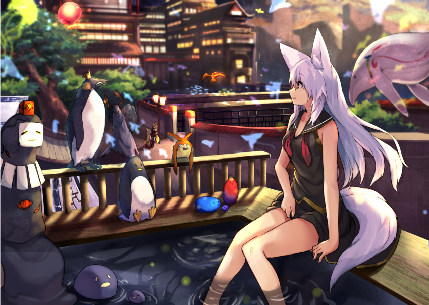 3girls animal_ear_fluff animal_ears bird blonde_hair blurry blurry_background building eyebrows_visible_through_hair facing_viewer fox_ears fox_tail haik japanese_clothes long_hair looking_to_the_side miko multiple_girls multiple_tails original outdoors penguin red_eyes sailor_collar silver_hair sitting sleeveless soaking_feet tail tree water