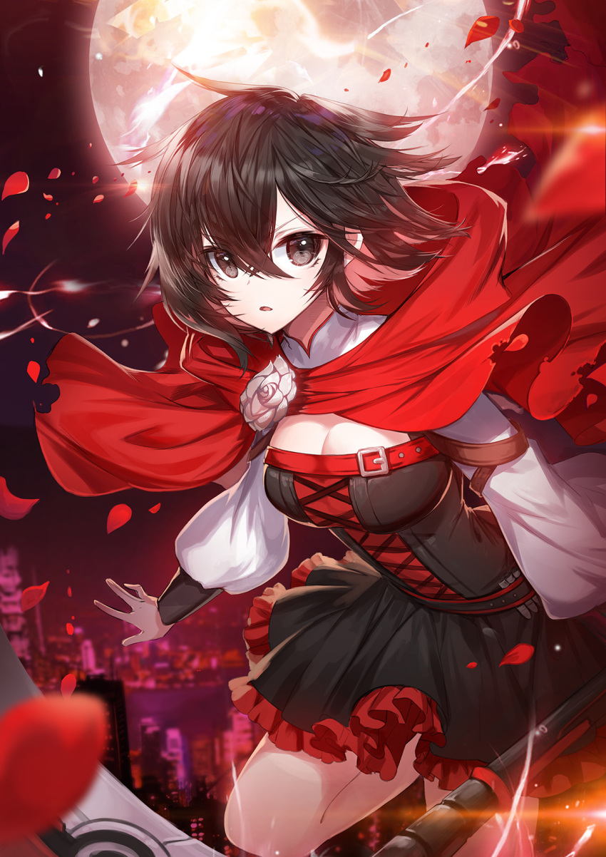 1girl apple_caramel bangs belt_buckle black_shirt black_skirt blurry blurry_background blurry_foreground breasts brown_eyes brown_hair buckle building cape cityscape cleavage commentary depth_of_field eyebrows_visible_through_hair flower frilled_skirt frills full_moon hair_between_eyes highres long_sleeves medium_breasts moon night night_sky outdoors outstretched_arm parted_lips petals puffy_long_sleeves puffy_sleeves red_belt red_cape rose ruby_rose rwby scythe shirt skirt sky skyscraper solo torn_cape torn_clothes white_flower white_rose