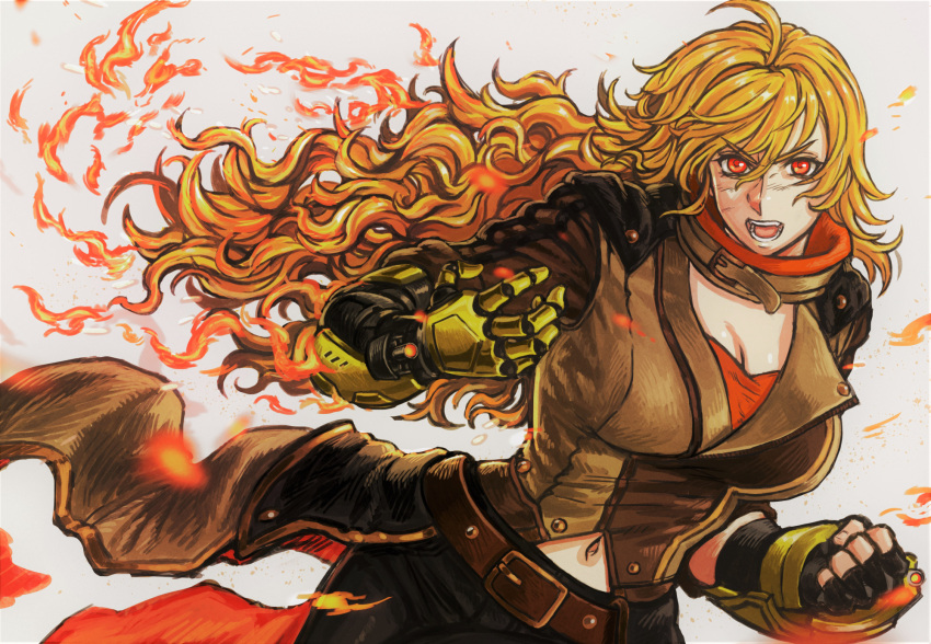 1girl angry belt blonde_hair breasts brown_jacket buckle cleavage commentary_request drill_(emilio) ember_celica_(rwby) fingerless_gloves fire flame gloves highres jacket large_breasts long_hair neck_ribbon prosthesis prosthetic_arm red_eyes ribbon rwby waist_cape yang_xiao_long