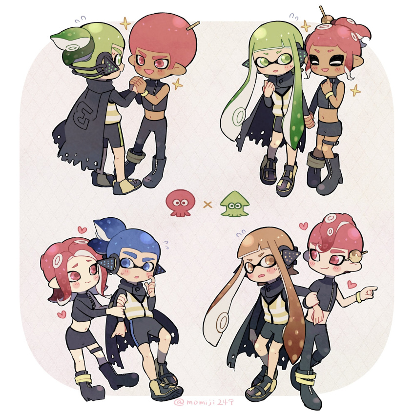 4boys 4girls afro agent_8 black_skirt blue_eyes blue_hair boots cloak couple eye_contact green_eyes green_hair hair_ornament hairpin hand_holding hetero highres inkling looking_at_another midriff miniskirt momiji249 multiple_boys multiple_girls navel octoling orange_eyes orange_hair pink_eyes pink_hair pointy_ears ponytail shoes shorts skirt smile sneakers sparkle splatoon splatoon_2 splatoon_2:_octo_expansion squidbeak_splatoon sweatdrop tentacle_hair yaoi yuri