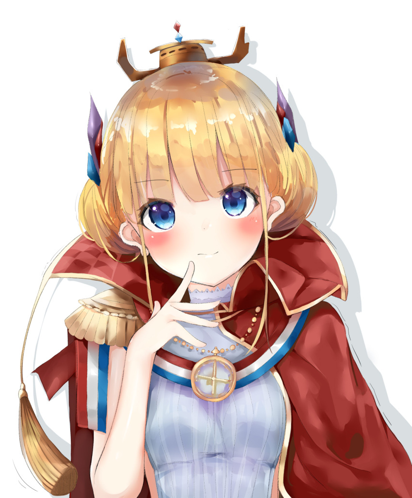 1girl azur_lane blonde_hair blue_eyes blush breasts cape closed_mouth commentary_request double_bun epaulettes hand_up hat head_tilt headgear highres le_triomphant_(azur_lane) looking_at_viewer mini_hat red_cape sashima shirt side_bun sidelocks sleeveless sleeveless_shirt small_breasts solo white_background white_shirt