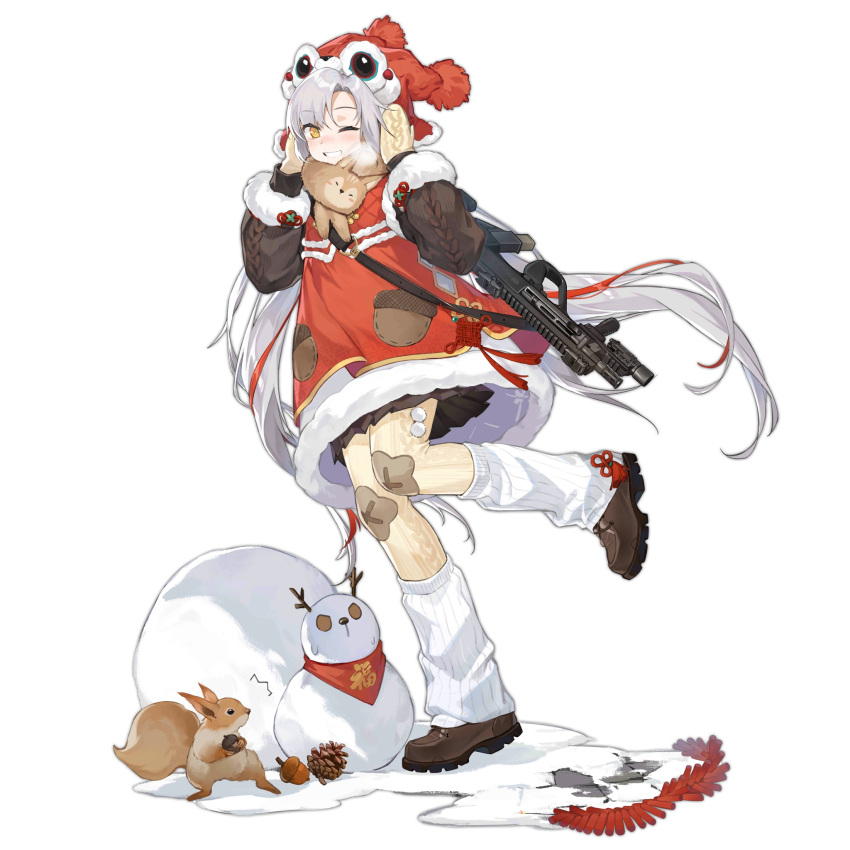 1girl aug_para_(girls_frontline) blush full_body girls_frontline gun hat heavy_breathing highres long_hair looking_at_viewer official_alternate_costume official_art one_eye_closed shoes silver_hair smile_(mm-l) snow snowman solo squirrel submachine_gun transparent_background twintails weapon winter_clothes yellow_eyes