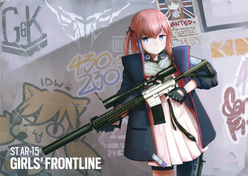 1girl ar-15 black_gloves blue_eyes blue_hair brown_hair character_name closed_mouth copyright_name fingerless_gloves girls_frontline gloves graffiti gun highres holding holding_gun holding_weapon idw_(girls_frontline) jacy lee-enfield_(girls_frontline) looking_at_viewer rifle short_hair short_twintails sniper_rifle solo st_ar-15_(girls_frontline) twintails wanted weapon