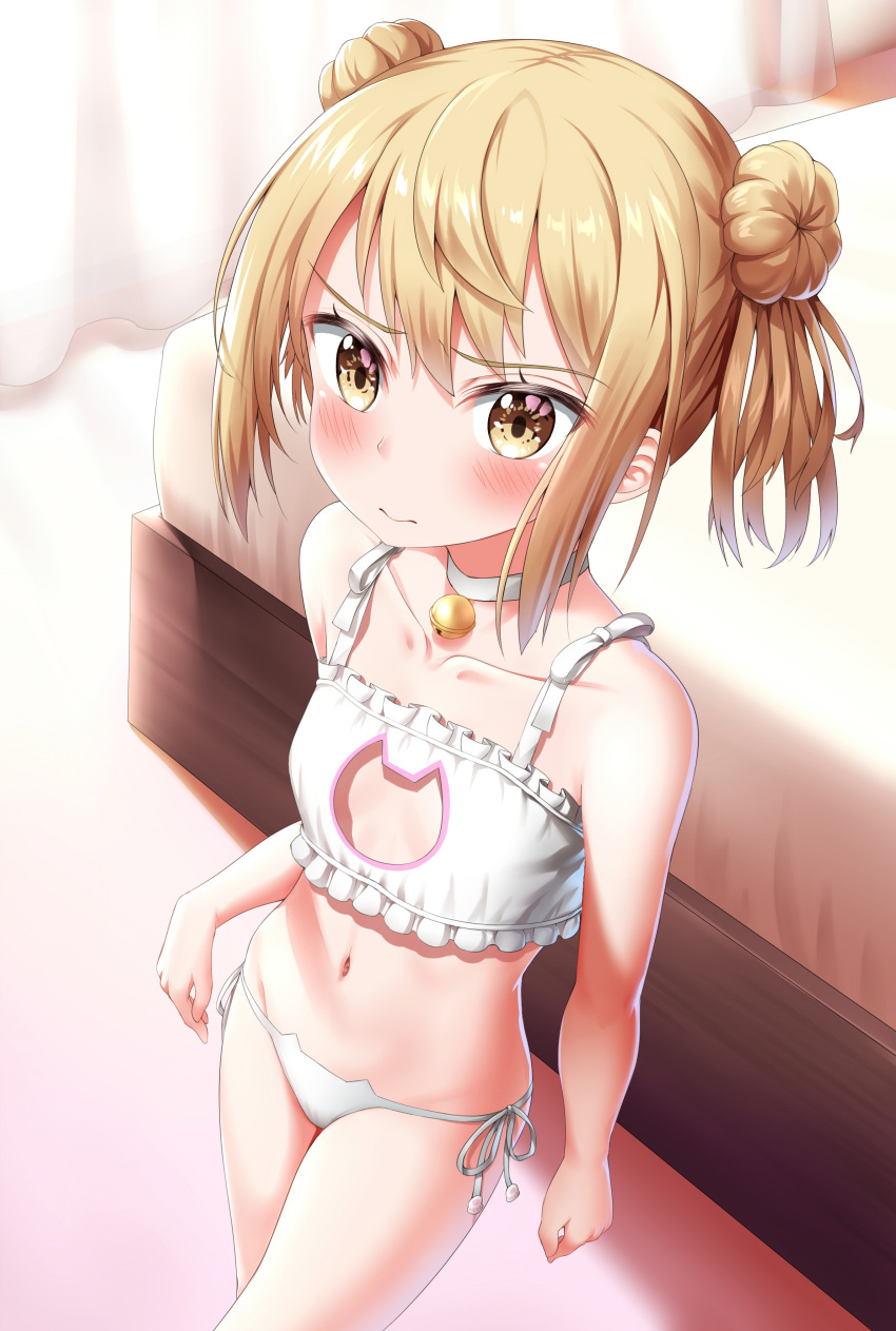 1girl absurdres arms_at_sides bare_arms bare_legs bed bed_sheet bell bell_choker blonde_hair blush bra breasts cat_lingerie choker closed_mouth collarbone commentary_request curtains double_bun eyebrows_visible_through_hair highres indoors kantai_collection looking_at_viewer meme_attire michishio_(kantai_collection) navel nedia_(nedia_region) panties short_hair side-tie_bottom side-tie_panties small_breasts solo standing twintails underwear underwear_only white_bra white_choker white_panties yellow_eyes