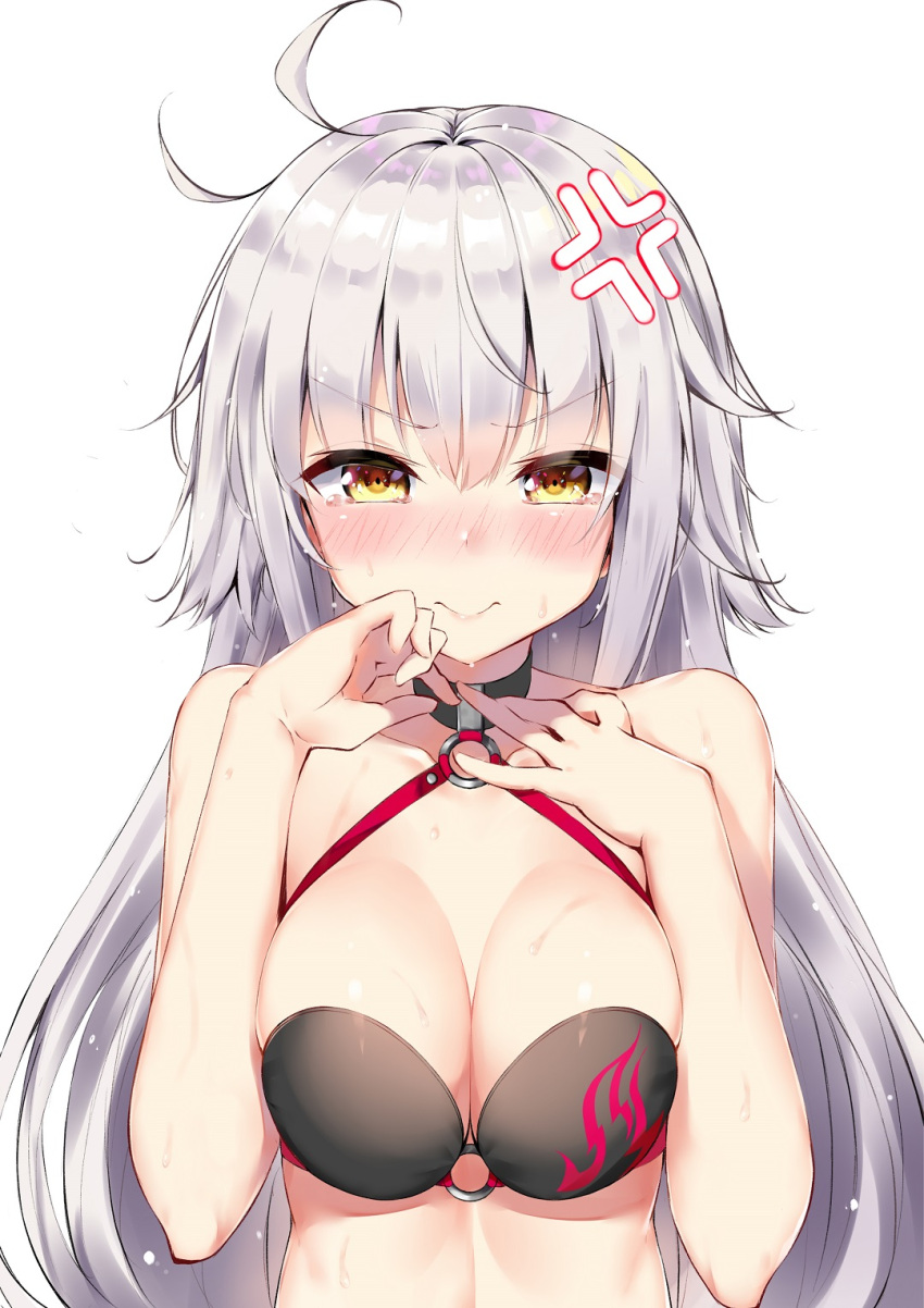 1girl ahoge anger_vein angry bare_shoulders bikini_top black_bikini_top blush breasts closed_mouth dombear eyebrows_visible_through_hair fate/grand_order fate_(series) highres jeanne_d'arc_(alter_swimsuit_berserker) jeanne_d'arc_(fate)_(all) long_hair looking_at_viewer medium_breasts o-ring o-ring_top silver_hair simple_background solo tears upper_body wet white_background yellow_eyes