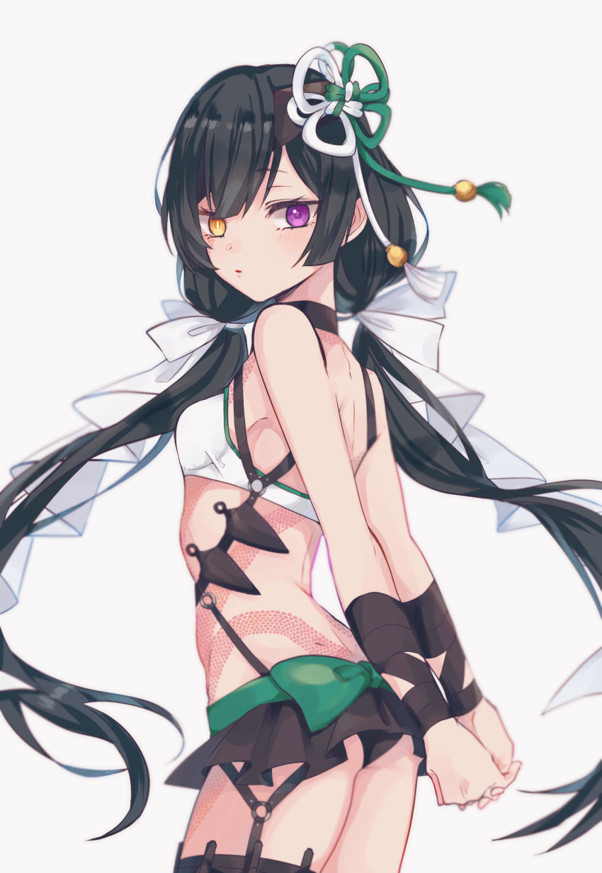 1girl akym arms_behind_back ass bare_shoulders bikini black_hair blurry blush breasts commentary_request cowboy_shot depth_of_field fate/grand_order fate_(series) from_behind hair_ornament hair_ribbon heterochromia highres kunai long_hair looking_at_viewer looking_back mochizuki_chiyome_(fate/grand_order) ribbon small_breasts solo standing swimsuit tattoo thigh-highs twintails very_long_hair violet_eyes weapon white_background yellow_eyes